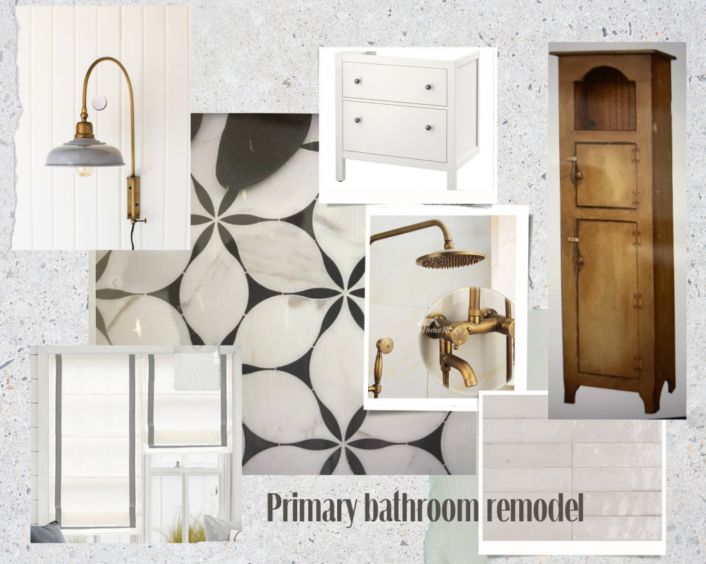 bathroom mood board black and white and brass