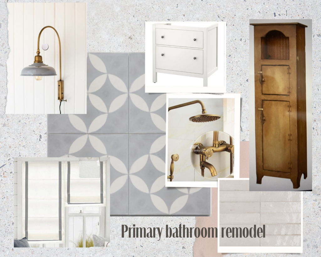 bathroom mood board gray and white and brass