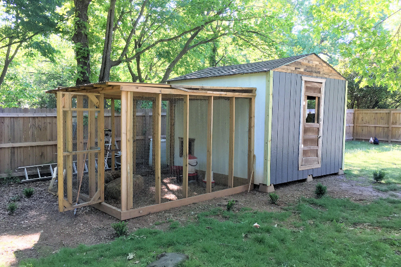 Grey and white chicken house with enclosed run