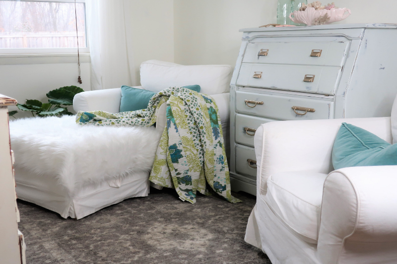 Painted desk and Ikea Ektorp chairs with white slipcovers