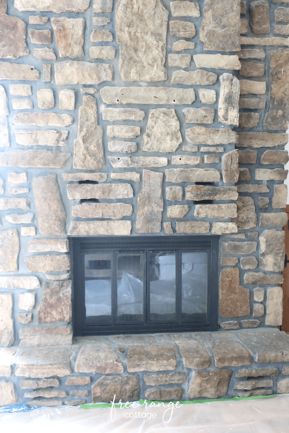 Mortar wash stone fireplace