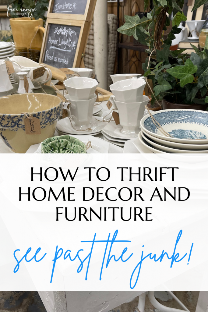 thrift store dishes on a farmhouse table