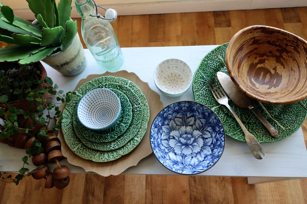 Blue and green boho table setting