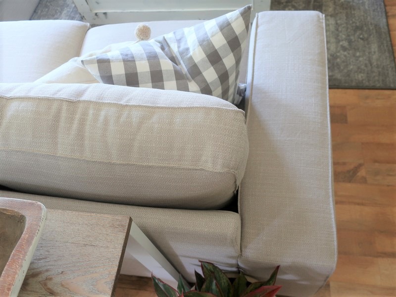 top of slipcovered sofa showing fabric