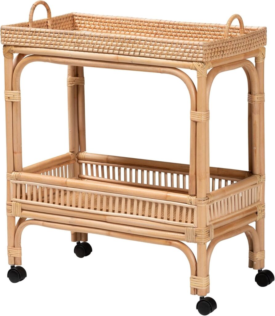 two tier vintage style rattan bar cart with black castor wheels