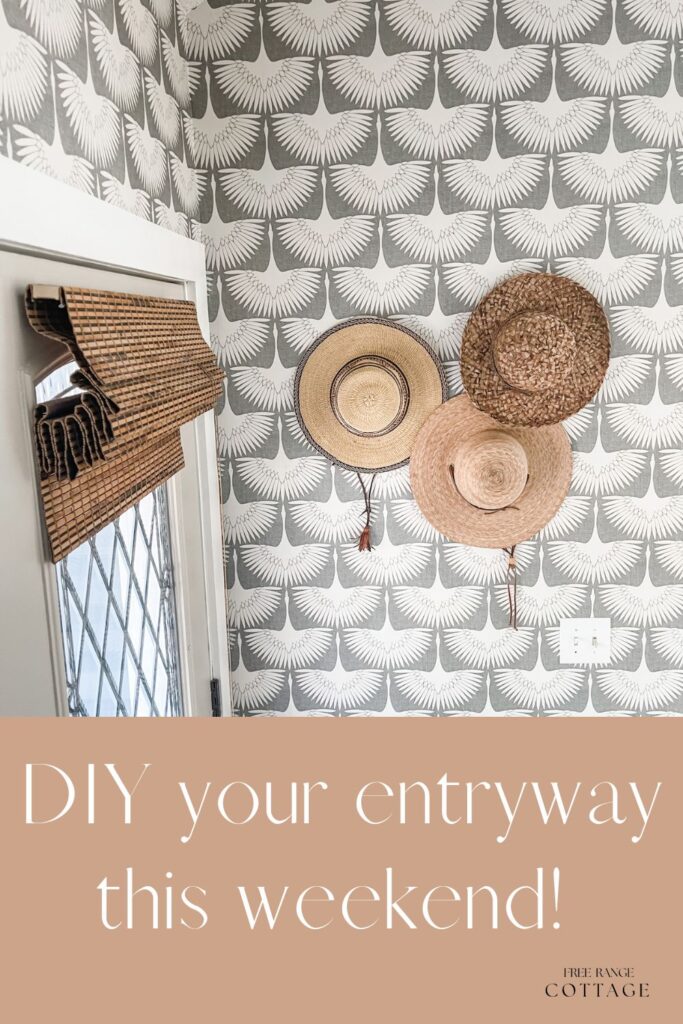 entryway makeover gray and white wall paper, vintage hats on wall