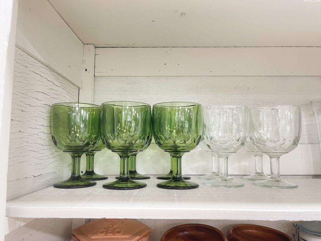vintage glass drinking goblets in green and clear