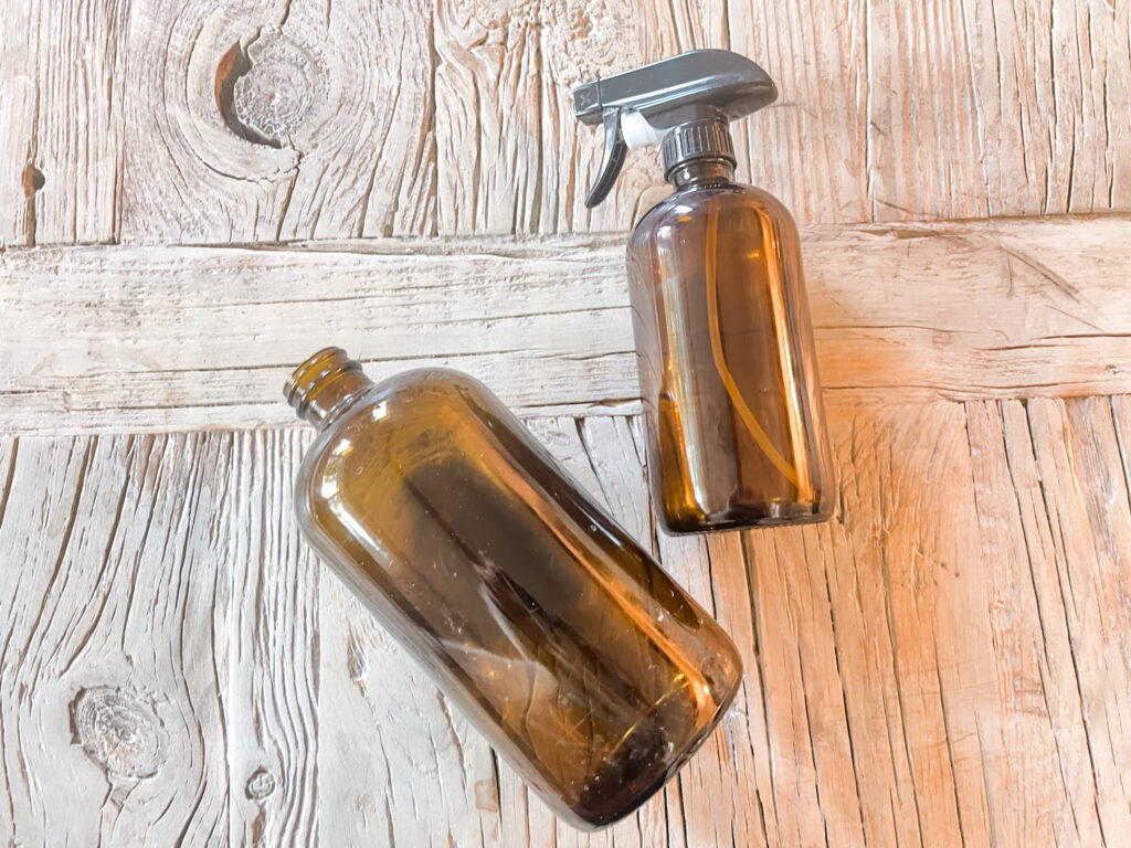 amber bottles on wood table