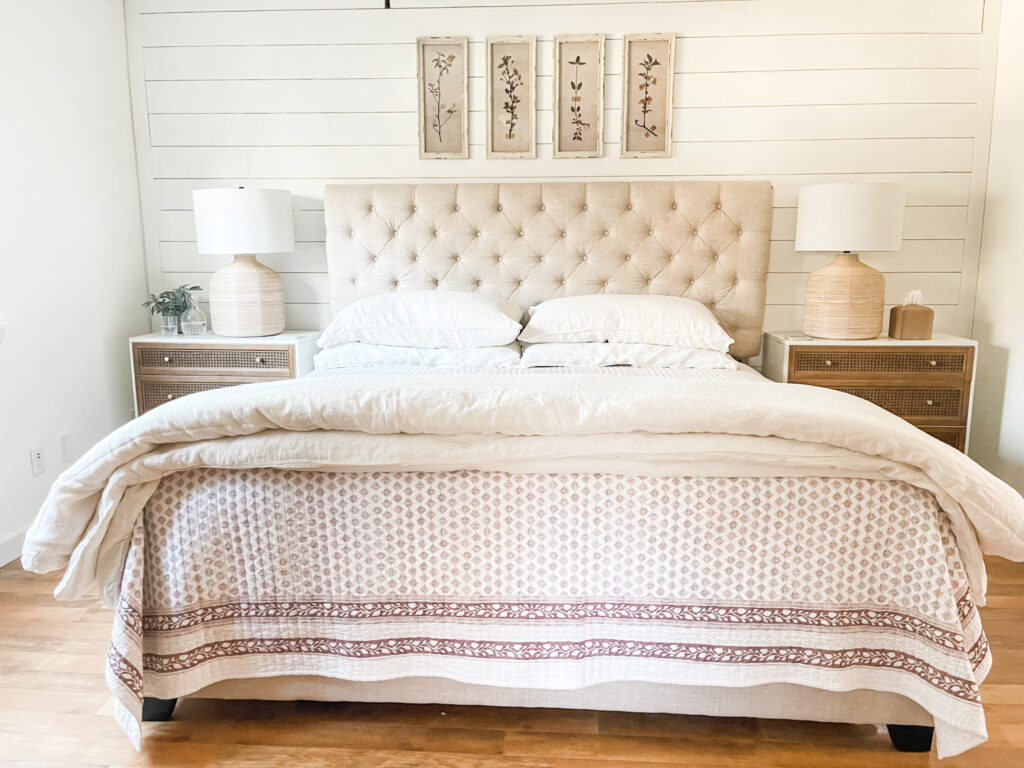 bedroom in neutrals and mauve