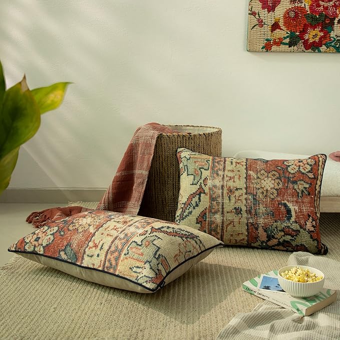 Kiliim style pillow covers with texture and print in rich neutral colors.
