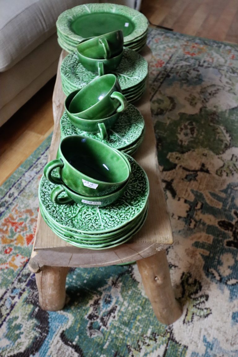 Green Lettuce Ware Dishes on wood bench
