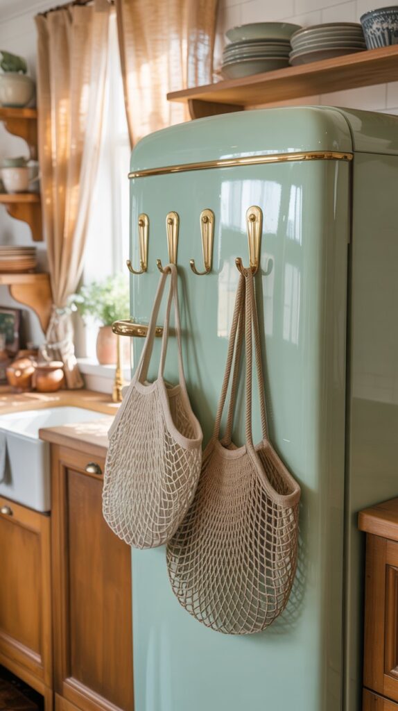 cottage kitchen with open shelving and vintage refrigerator with hooks and mesh bags hanging on refrigerator for storage
