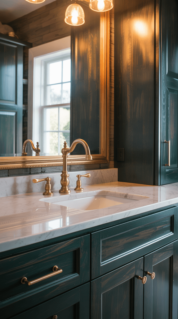 bathroom counter in marble with unlaquered brass faucet and dark green painted cabinets