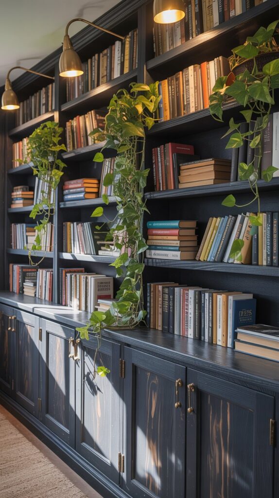 rustic black painted bookshelves with green plants hanging down and books. Brass down lights pointing down.