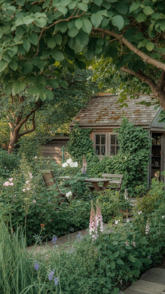 beautiful shade garden with garden shed in background