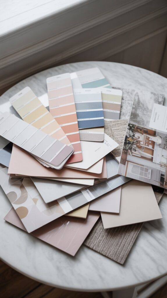 Paint and wallpaper samples on a marble tabletop