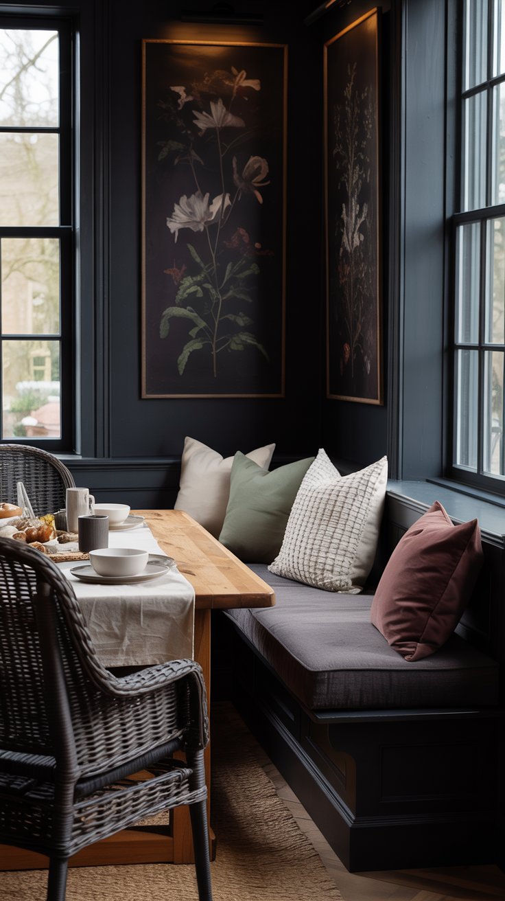 a moody dark breakfast area with large windows, banquette seating rustic table and dark floral artwork
