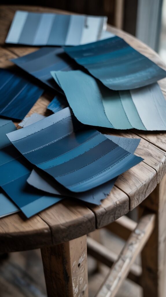 Moody blues and teals paint swatches on a rustic table