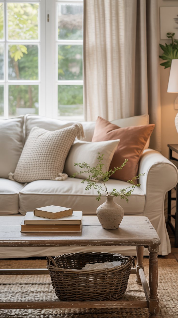 neutral slipcovered couch in front of window with linen curtains, several throw pillows in beige and terra cotta, vintage wood coffee table with stack of books, pottery vase with greenery