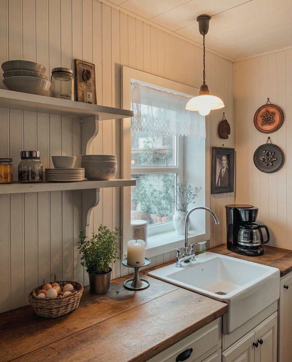 cottage kitchen with farmhouse sink under a window with open shelving