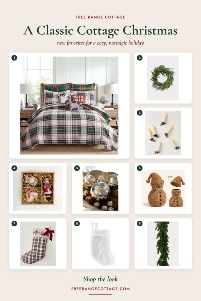 Classic cottage Christmas mood board with a tartan plaid quilt, cypress wreath, candle clip ornaments, Pottery Barn ornaments, mercury glass ornaments, rattan snowman, plaid and faux fur stockings, and real touch garland