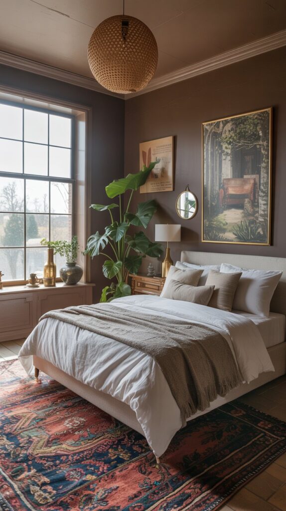 dark moody bedroom with brown walls, plants, layered textiles, artwork, rattan pendant light and vintage turkish rug