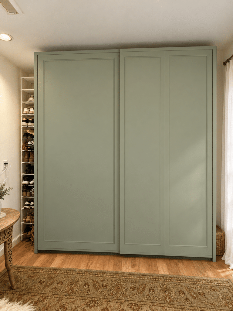 painted sage green IKEA pax wardrobe
