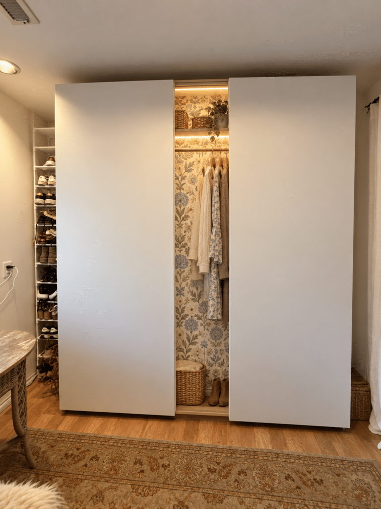 IKEA pax wardrobe with wallpapered interior