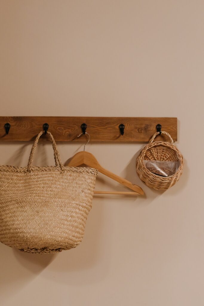 baskets hanging on hook rack